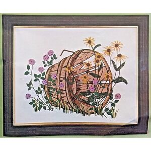 Vintage Wildflower Crewel Wall Panel‎ Kit Rustic Barrel Floral Design 26x32" NEW